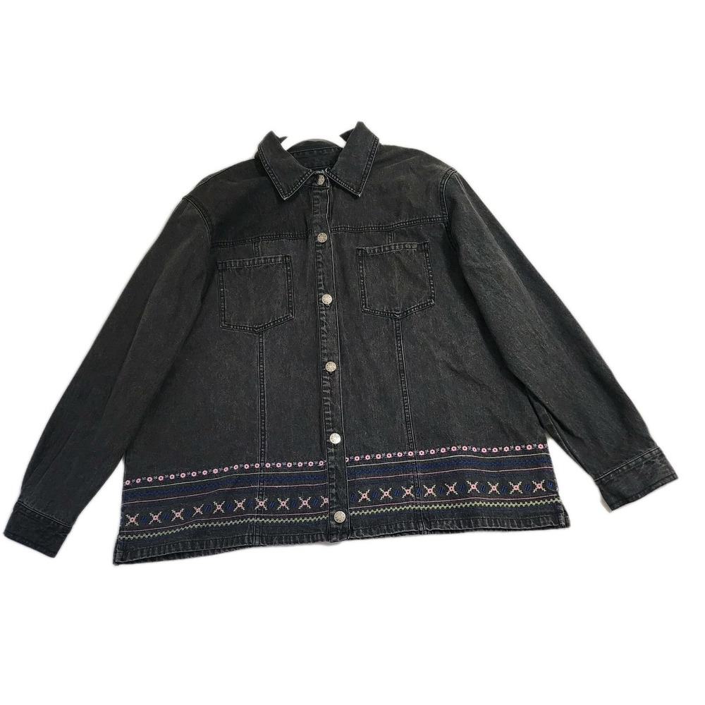 Vintage 90s Denim & Co‎ Black Acid Wash Embroidered Denim Jacket Women's 1X